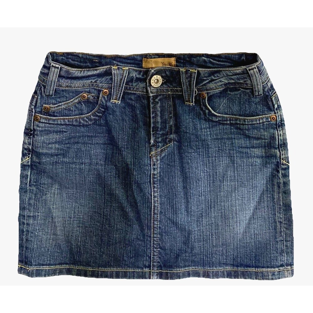 YANUK Denim Mini Skirt Womens Size 6 Blue Jean Hem Stretch Distressed Y2K Zipper